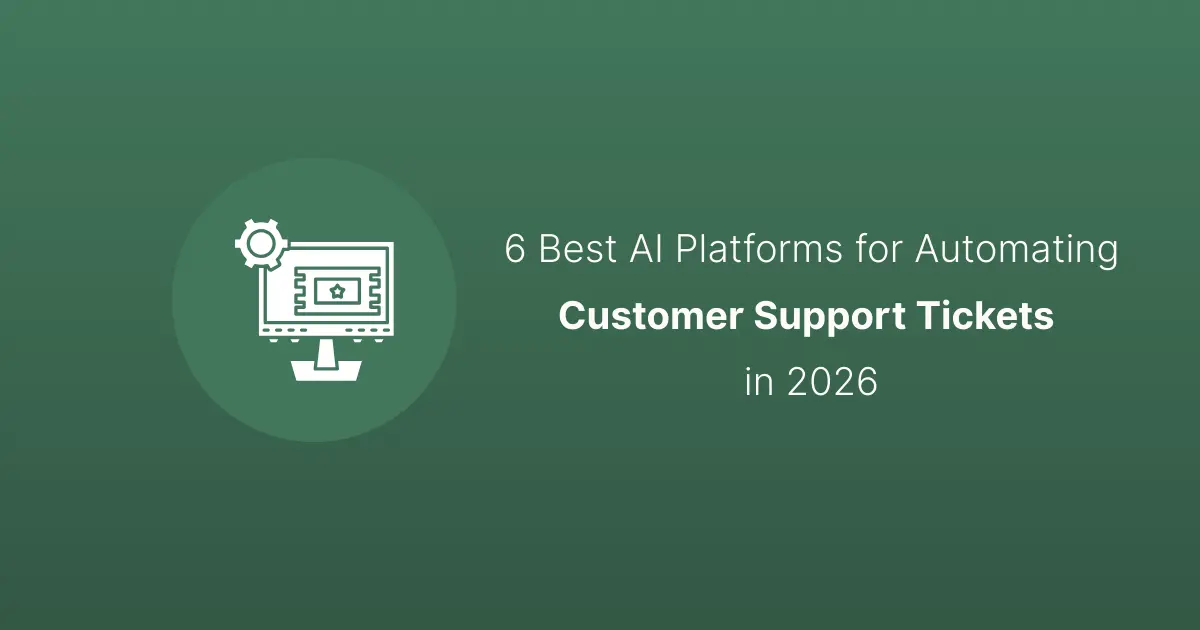 Green graphic with a monitor and gear icon, titled 6 Best AI Platforms for Automating Customer Support Tickets in 2026