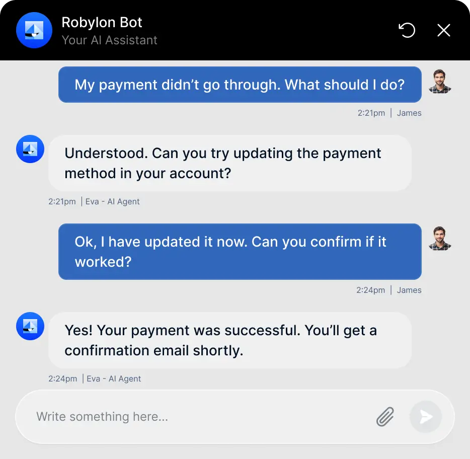 AI chat helping a customer fix a failed payment by updating the card